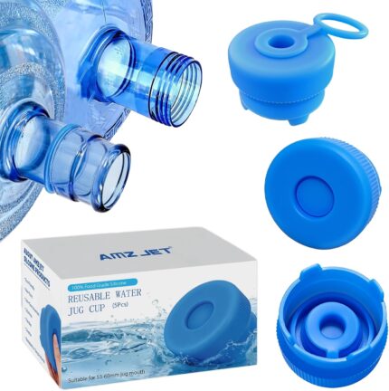 Five blue reusable silicone water jug caps with an anti-drop design, suitable for 3 and 5 gallon water bottles