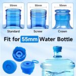 Five blue reusable silicone water jug caps with an anti-drop design, suitable for 3 and 5 gallon water bottles