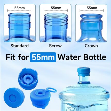Five blue reusable silicone water jug caps with an anti-drop design, suitable for 3 and 5 gallon water bottles