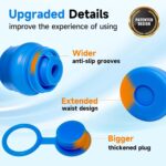 Five blue reusable silicone water jug caps with an anti-drop design, suitable for 3 and 5 gallon water bottles