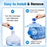 Five blue reusable silicone water jug caps with an anti-drop design, suitable for 3 and 5 gallon water bottles