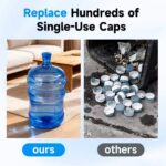 Five blue reusable silicone water jug caps with an anti-drop design, suitable for 3 and 5 gallon water bottles