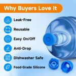 Five blue reusable silicone water jug caps with an anti-drop design, suitable for 3 and 5 gallon water bottles