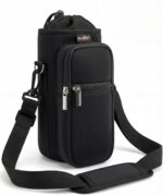 Black AUPET 25oz insulated water bottle sling bag with shoulder strap and two zipper pockets.