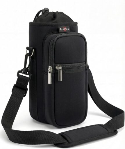 Black AUPET 25oz insulated water bottle sling bag with shoulder strap and two zipper pockets.