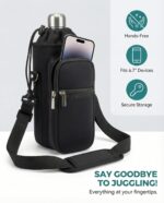 Black AUPET 25oz insulated water bottle sling bag with shoulder strap and two zipper pockets.
