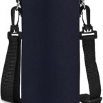 Pure black AUPET 1000ML neoprene water bottle sling holder with an adjustable shoulder strap and floral pattern.