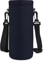 Pure black AUPET 1000ML neoprene water bottle sling holder with an adjustable shoulder strap and floral pattern.