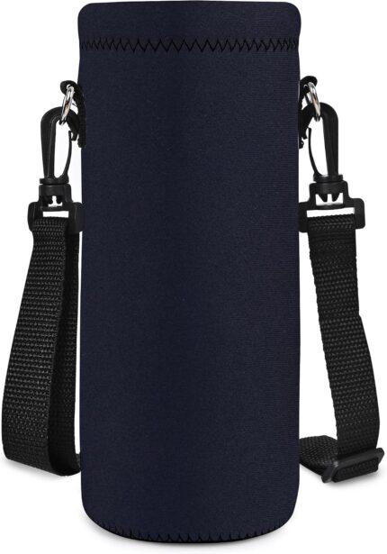 Pure black AUPET 1000ML neoprene water bottle sling holder with an adjustable shoulder strap and floral pattern.