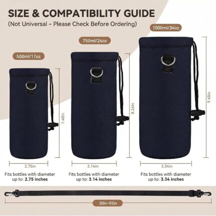 Pure black AUPET 1000ML neoprene water bottle sling holder with an adjustable shoulder strap and floral pattern.