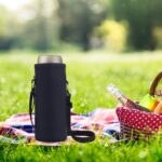 Pure black AUPET 1000ML neoprene water bottle sling holder with an adjustable shoulder strap and floral pattern.