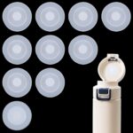 A close-up view of ten white, round silicone stopper plugs, neatly arranged, designed for water bottle lids.