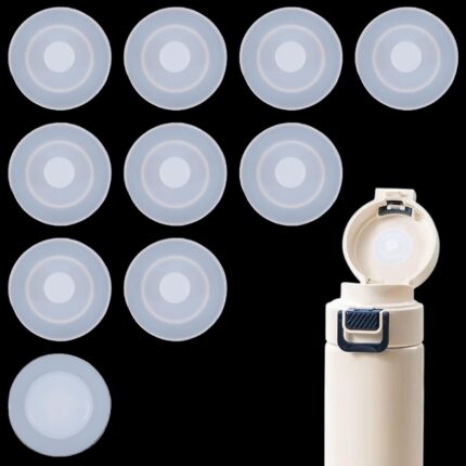 A close-up view of ten white, round silicone stopper plugs, neatly arranged, designed for water bottle lids.