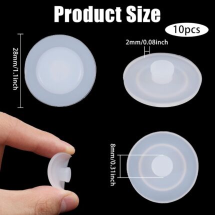 A close-up view of ten white, round silicone stopper plugs, neatly arranged, designed for water bottle lids.