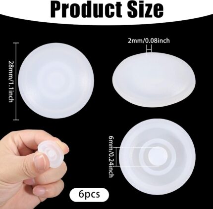 A close-up view of six round white silicone leak stoppers, neatly arranged, designed for water bottle and tumbler lids.