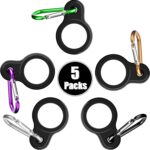 Five colorful Boao silicone water bottle carriers with attached stainless steel keychain clips, displayed against a neutral b