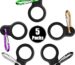 Five colorful Boao silicone water bottle carriers with attached stainless steel keychain clips, displayed against a neutral b