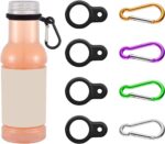 Five colorful Boao silicone water bottle carriers with attached stainless steel keychain clips, displayed against a neutral b