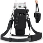 BULKITEM Black insulated neoprene water bottle carrier bag with phone pocket and adjustable strap, holding a Stanley tumbler.