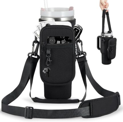 BULKITEM Black insulated neoprene water bottle carrier bag with phone pocket and adjustable strap, holding a Stanley tumbler.