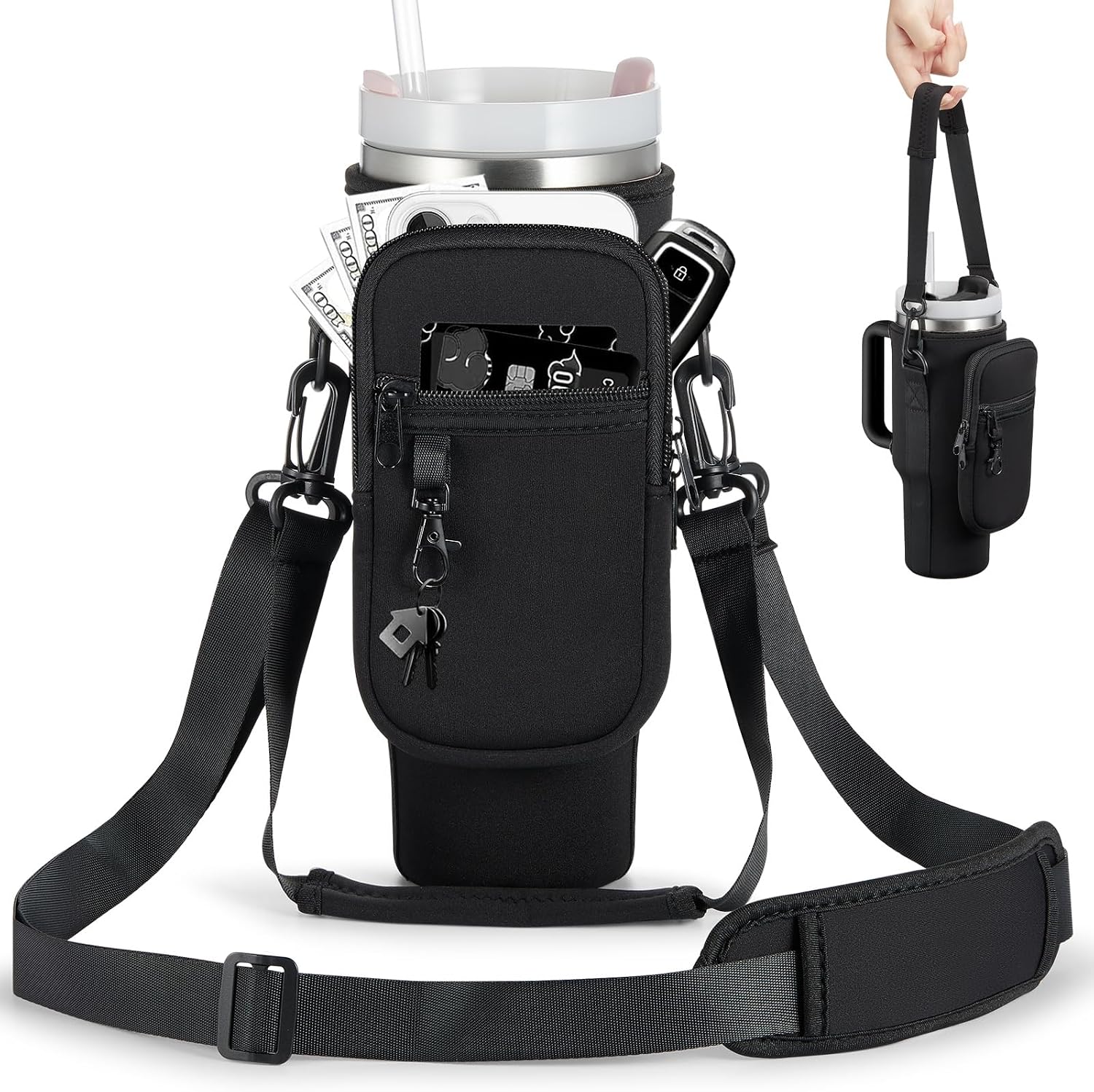 bulkitem-black-insulated-water-bottle-carrier-bag-for-stanley-30-40-oz-tumblers-01 BULKITEM Black insulated neoprene water bottle carrier bag with phone pocket and adjustable strap, holding a Stanley tumbler.