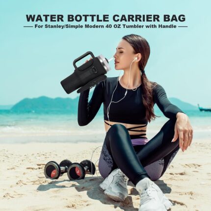 BULKITEM Black insulated neoprene water bottle carrier bag with phone pocket and adjustable strap, holding a Stanley tumbler.