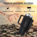 BULKITEM Black insulated neoprene water bottle carrier bag with phone pocket and adjustable strap, holding a Stanley tumbler.