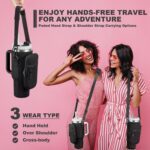 BULKITEM Black insulated neoprene water bottle carrier bag with phone pocket and adjustable strap, holding a Stanley tumbler.