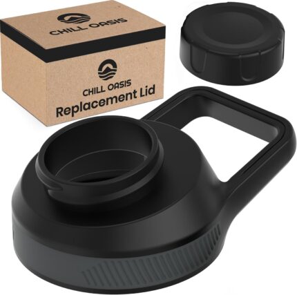 A close-up view of the Chill Oasis black replacement lid, featuring a round shape and a secure cap.