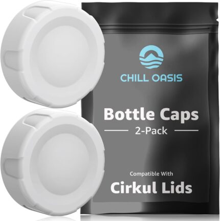Two white Chill Oasis water bottle caps with removable silicone gaskets, designed for Cirkul lids, shown against a clean back