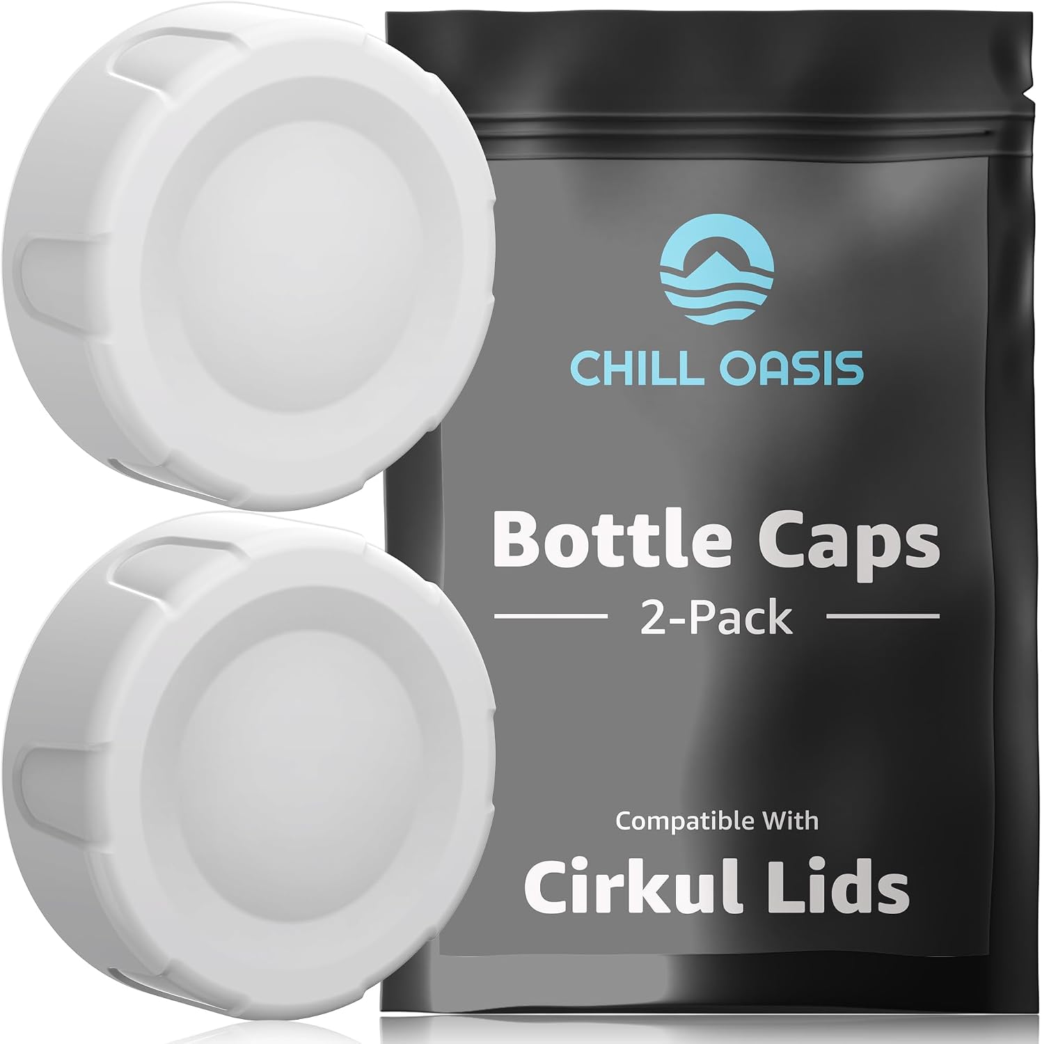 chill-oasis-water-bottle-caps-for-cirkul-lids-2-pack-white-01 Two white Chill Oasis water bottle caps with removable silicone gaskets, designed for Cirkul lids, shown against a clean back