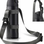 EasyAcc Universal Water Bottle Carrier Sling in black, shown holding a water bottle, with both shoulder strap and carabiner v