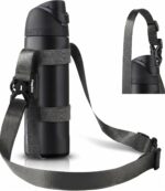 EasyAcc Universal Water Bottle Carrier Sling in black, shown holding a water bottle, with both shoulder strap and carabiner v