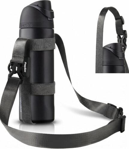 EasyAcc Universal Water Bottle Carrier Sling in black, shown holding a water bottle, with both shoulder strap and carabiner v