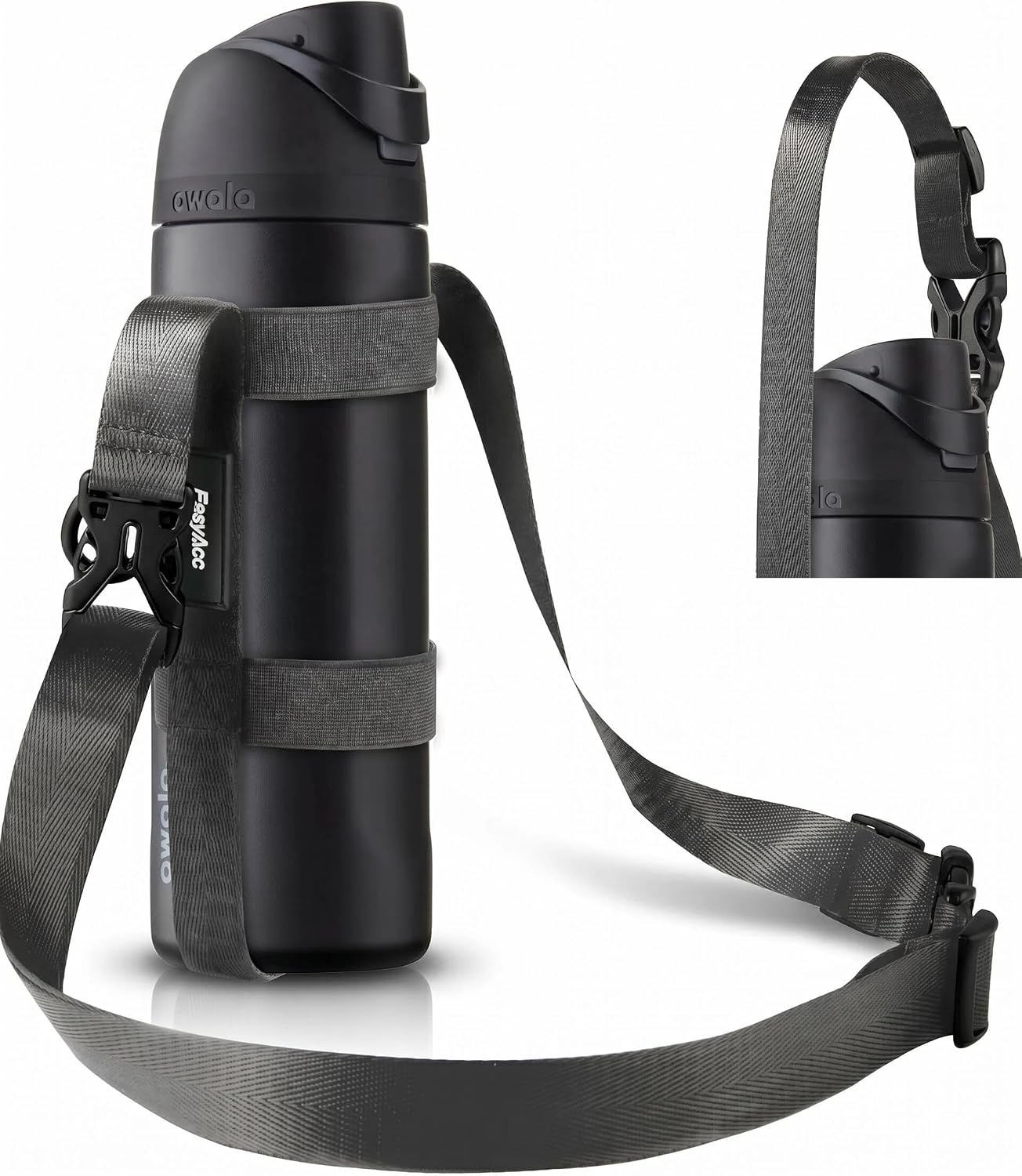 easyacc-universal-water-bottle-carrier-sling-with-strap-and-carabiner-01 EasyAcc Universal Water Bottle Carrier Sling in black, shown holding a water bottle, with both shoulder strap and carabiner v