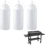 Three Fevbcnrj 16oz clear polyethylene squeeze bottles with black caps, shown ready for use on a grill.