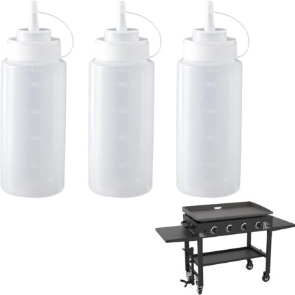 Three Fevbcnrj 16oz clear polyethylene squeeze bottles with black caps, shown ready for use on a grill.