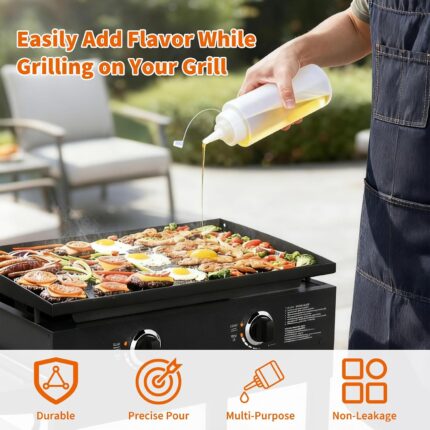 Three Fevbcnrj 16oz clear polyethylene squeeze bottles with black caps, shown ready for use on a grill.