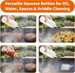 Three Fevbcnrj 16oz clear polyethylene squeeze bottles with black caps, shown ready for use on a grill.
