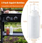 Three Fevbcnrj 16oz clear polyethylene squeeze bottles with black caps, shown ready for use on a grill.
