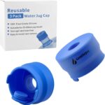 Three blue GentleJet reusable silicone water jug caps, designed for 2, 3, 4, and 5 gallon bottles.