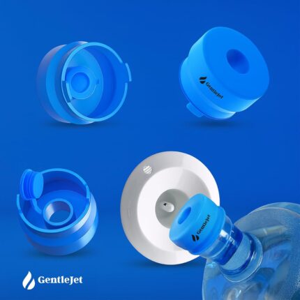 Three blue GentleJet reusable silicone water jug caps, designed for 2, 3, 4, and 5 gallon bottles.