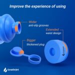 Three blue GentleJet reusable silicone water jug caps, designed for 2, 3, 4, and 5 gallon bottles.