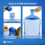 Three blue GentleJet reusable silicone water jug caps, designed for 2, 3, 4, and 5 gallon bottles.