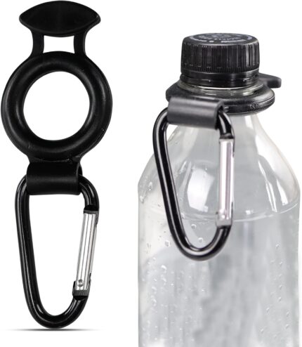 Two Iconikal water bottle holders, each with a black rubber grip and an attached aluminum carabiner, against a plain backgrou
