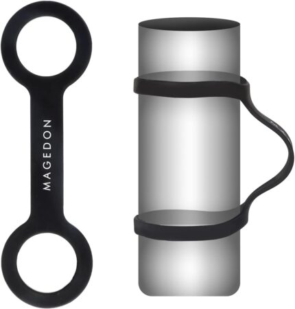 Two black MAGEDON water bottle carrier grips on a white background, designed to make bottles handheld for sports.