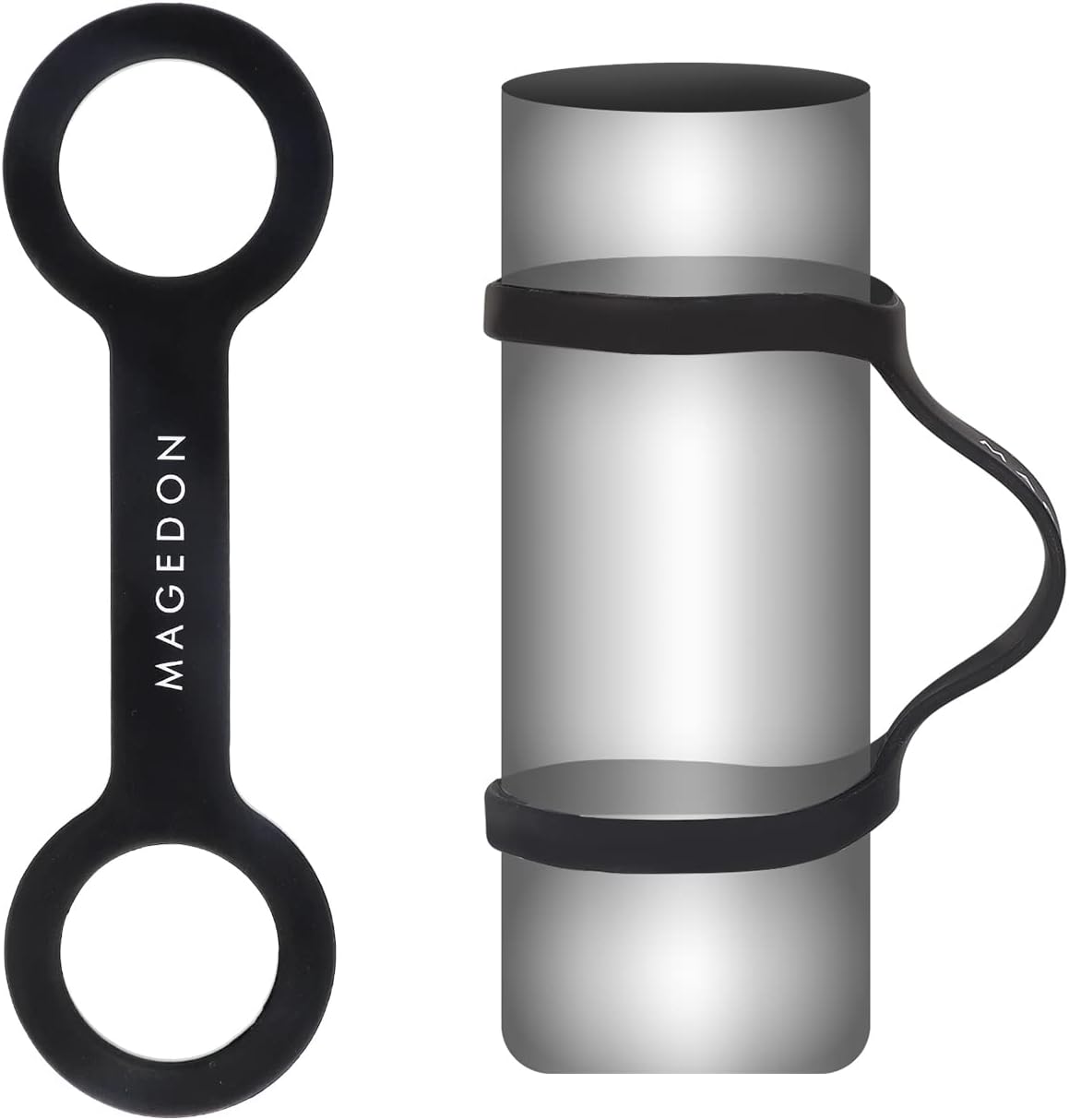 magedon-water-bottle-carrier-grip-2-pack-for-running-cycling-gym-01 Two black MAGEDON water bottle carrier grips on a white background, designed to make bottles handheld for sports.