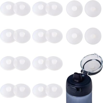 Close-up of a stack of 20 white, round silicone leak stoppers for water cups and bottles, showing their smooth texture.