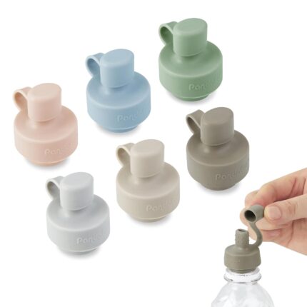 Six multicolored silicone water bottle caps for toddlers and kids, shown on various water bottles.