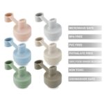 Six multicolored silicone water bottle caps for toddlers and kids, shown on various water bottles.